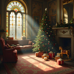 Christmas room with decorated fir tree