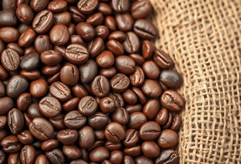 Naklejka premium Close-up of roasted coffee beans, burlap sack background, stimulant, morning