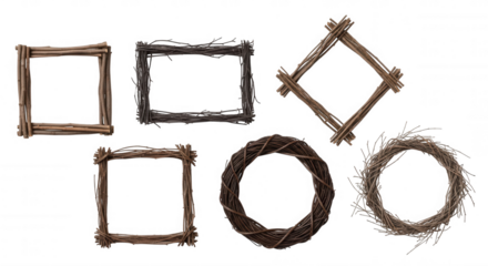 Rustic twig frames and wreaths isolated on a transparent background
