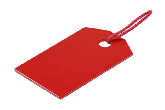 Single bright red rectangular tag with rounded corners and red string label blank, Isolated On Transparent Background, Png Cut Out