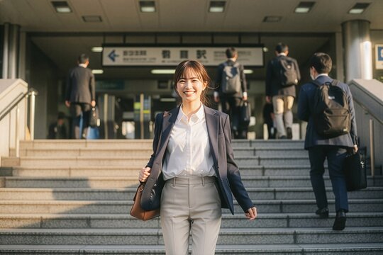 駅の階段を下りるスーツを着た笑顔の女性