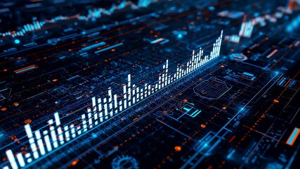Glowing blue digital data visualization with fluctuating bar graphs on circuit board surface - Powered by Adobe