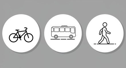 Transportation icons bicycle bus and pedestrian on white circles