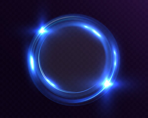 Blue glowing circular light ring with lens flare on transparent background, neon round energy frame, abstract luminous circle design element.
