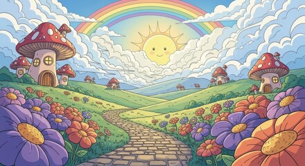 Whimsical mushroom village under a vibrant rainbow sky