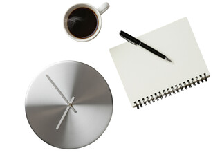 Modern Metal Wall Clock with Coffee Cup and Stationery Flat Lay
