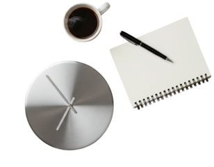 Modern Metal Wall Clock with Coffee Cup and Stationery Flat Lay