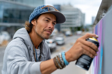 A graffiti artist focuses intently on his colorful spray painting against an urban backdrop, capturing the essence of street art and city life in a dynamic expression.