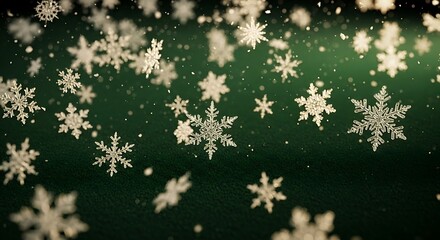 Sparkling Snowflake Blizzard on Emerald Green Background Winter Holiday Theme.