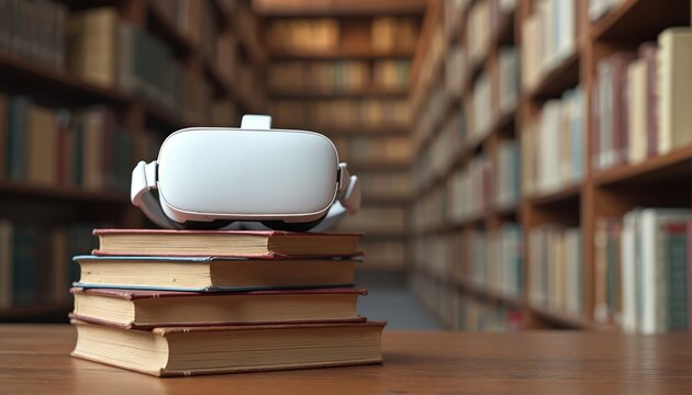 Virtual reality headset sits on stack of old books in library. Symbolizes old and new learning methods. Technology meets tradition in study. - Powered by Adobe