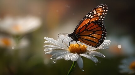 Fototapeta premium Stunning Close-Up of Monarch Butterfly Delicately Resting on Dew-Kissed Daisy Petals in a Lush Garden Setting During a Sunlit Morning