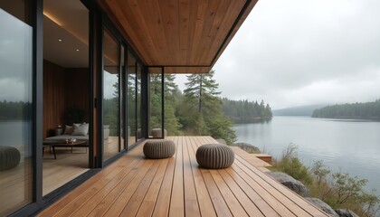 Fototapeta premium Modern wooden deck overlooks calm lake surrounded by pine forests. Glass doors open into minimalist living space with comfortable seating. Outdoor poufs rest on deck, inviting relaxation by water.
