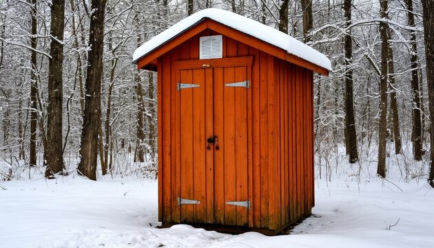 Wooden storage shed in snowy forest during winter season  