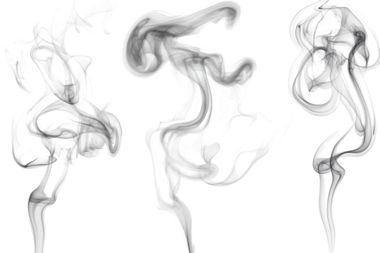 Swirling smoke patterns captured in isolation on a transparent background showcasing fluid movement and graceful forms