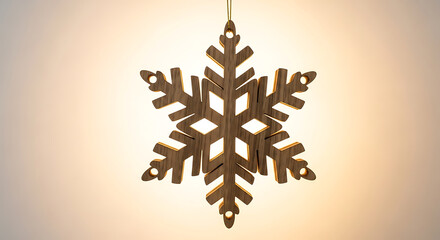 Elegant wood snowflake Christmas ornament dangling against a soft, glowing background.