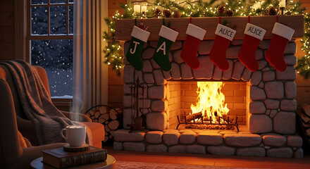 Cozy Christmas Eve Scene with Warm Fireplace and Stockings