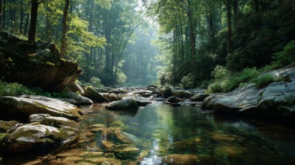 Tranquil Forest Landscape with Clear Stream, Sunlight Filtering Through Trees, Reflections on Water Surface, Peaceful Nature Scene, Serenity in Wilderness