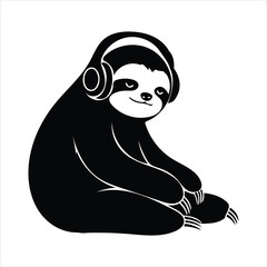 Sloth character sitting peacefully while listening to music through large headphones, isolated monochrome vector illustration of a lazy tropical animal silhouette.