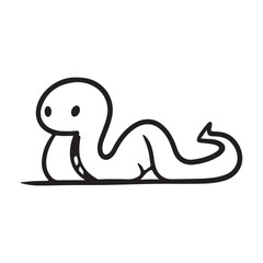 A simple blackandwhite illustration of a cartoon snake lying flat with a curved tail and two small eyes