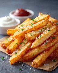 Crispy Golden French Fries Generously Sprinkled with Sea Salt and Fresh Parsley Served with Creamy Mayonnaise and Tangy Ketchup Dip in a Close-Up Cinematic HDR View
