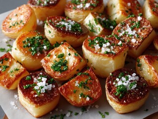 Crispy Golden Roasted Potatoes Sprinkled with Fresh Parsley and Sea Salt Viewed from Above on a Light Gray Background