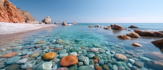Crystal Clear Blue Ocean Water Revealing Colorful Pebbles on a Rocky Beach Shoreline Under a Bright Sunny Sky