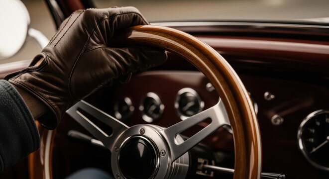 Fototapeta Close-up of hand in leather glove steering classic vintage car