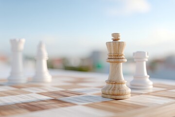 Detailed Macro Close Up of a White King Chess Piece Standing on a Wooden Chessboard with Other Pieces Blurred in the Background Under a Bright Sky