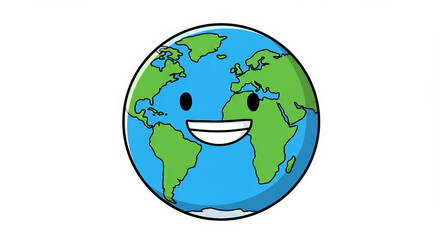 Smiling earth globe illustration with green landmasses and blue oceans