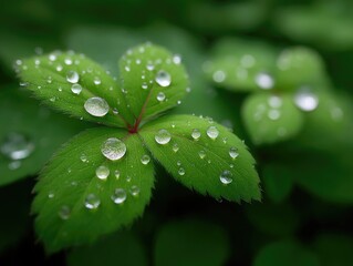 Detailed Macro Photo Captures Crystal Clear Water Droplets Adorning Vibrant Green Leaves with Subtle Red Veins on a Lush Dark Background