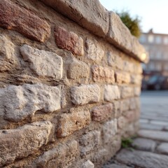 Detailed Macro CloseUp Of A Textured Stone Wall With A Cobblestone Path And Soft Sunlight In The Background