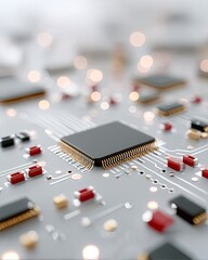 Detailed macro view of a black computer microchip with intricate gold circuits on a grey motherboard with blurred bokeh lights in the background representing technology and innovation
