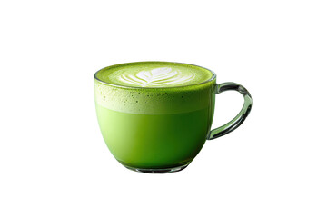 Green matcha latte with foamy art in clear glass mug on black background drink beverage, Isolated On Transparent Background, Png Cut Out