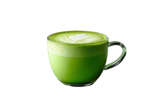 Green matcha latte with foamy art in clear glass mug on black background drink beverage, Isolated On Transparent Background, Png Cut Out