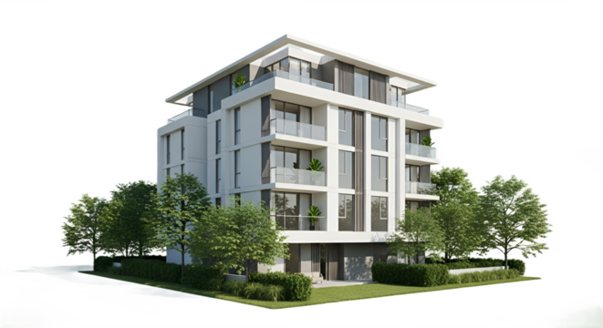Modern architectural visualization showcases a contemporary white apartment building exterior view.
