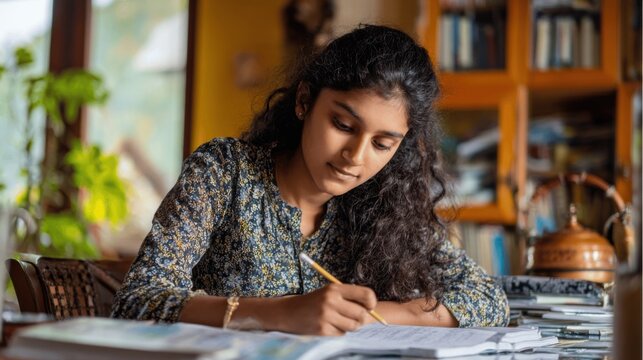 Young indian woman student studying at home, writing notes with pencil. Education learning concept for school, college or university. Teenage girl do homework. Female teenager in India. - Powered by Adobe