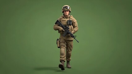 A soldier in full combat gear stands ready with a rifle prepared for action.