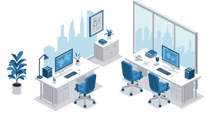 Obraz premium Modern isometric office workspace with desks, computers, and city view