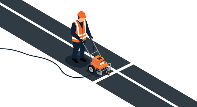 Road marking worker painting road lines with machine in isometric illustration