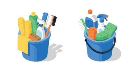 Isometric cleaning supplies in blue buckets for home and office maintenance