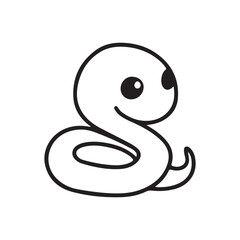 Cartoonish snake coiled with a rounded head large eyes and a smiling expression