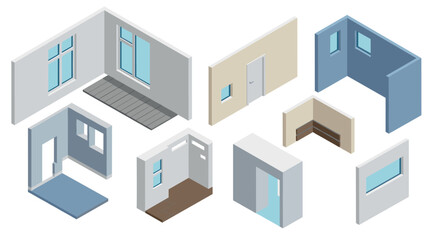 Fototapeta premium Isometric interior room elements with doors, windows, and walls in 3d design