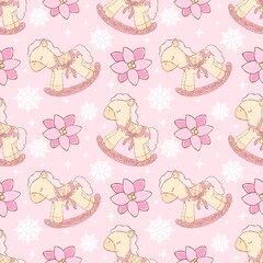 Pink Rocking Horse Seamless Pattern - Kawaii Christmas Digital Paper Background Holiday Nursery Design