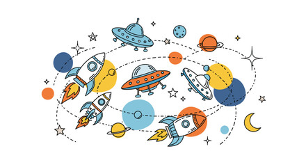 A cheerful and colorful illustration featuring cartoon rockets, flying saucers, and various planets with dotted orbital paths, depicting a whimsical space adventure.