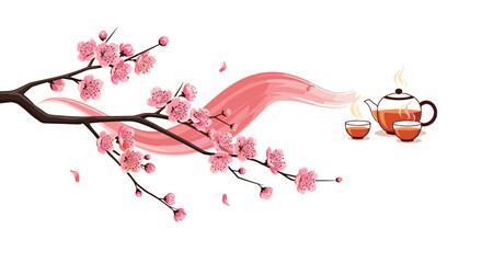 Beautiful cherry blossom branch with delicate pink flowers and falling petals, accompanied by a steaming teapot and teacups, evoking a serene springtime tea ceremony.
