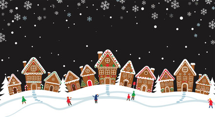 Whimsical winter wonderland scene featuring a joyful gingerbread village, falling snowflakes, and playful children amidst rolling snow-covered hills.