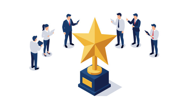 Business team achieving success with trophy in modern isometric style