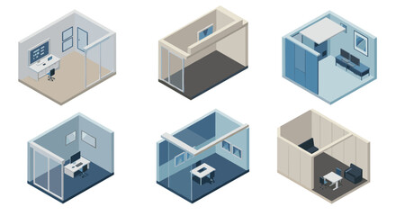 Isometric office room layouts with modern furniture and glass walls