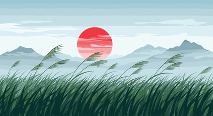 A serene and beautiful Japanese-style landscape illustration showing a field of pampas grass swaying in the gentle wind, with misty mountains and a large red sun in the tranquil sky.