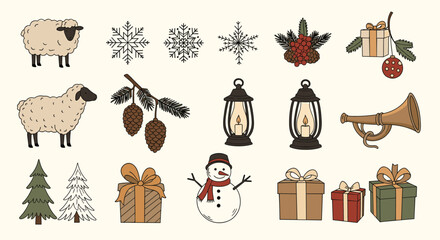Delightful hand-drawn vector illustrations of festive winter and Christmas elements like sheep, snowflakes, gifts, trees, and lanterns for holiday designs.